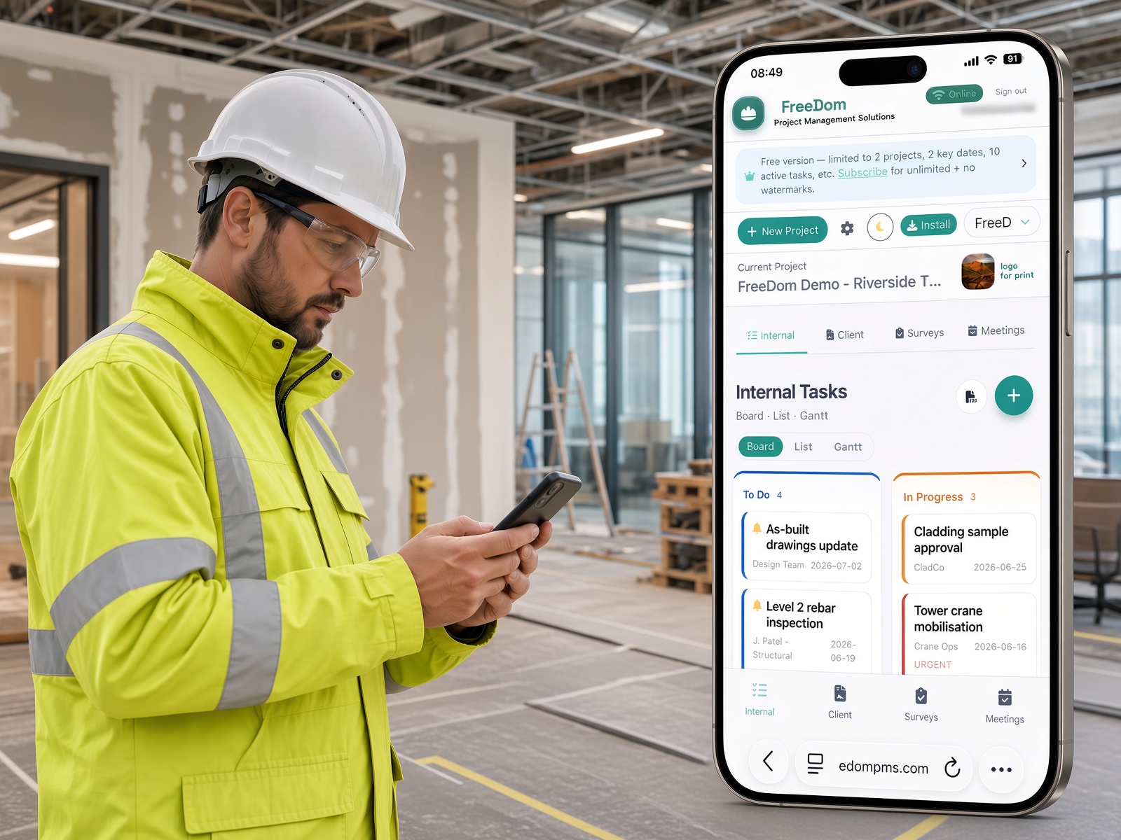 Site manager on a construction job using FreeDom on phone — Internal tasks board