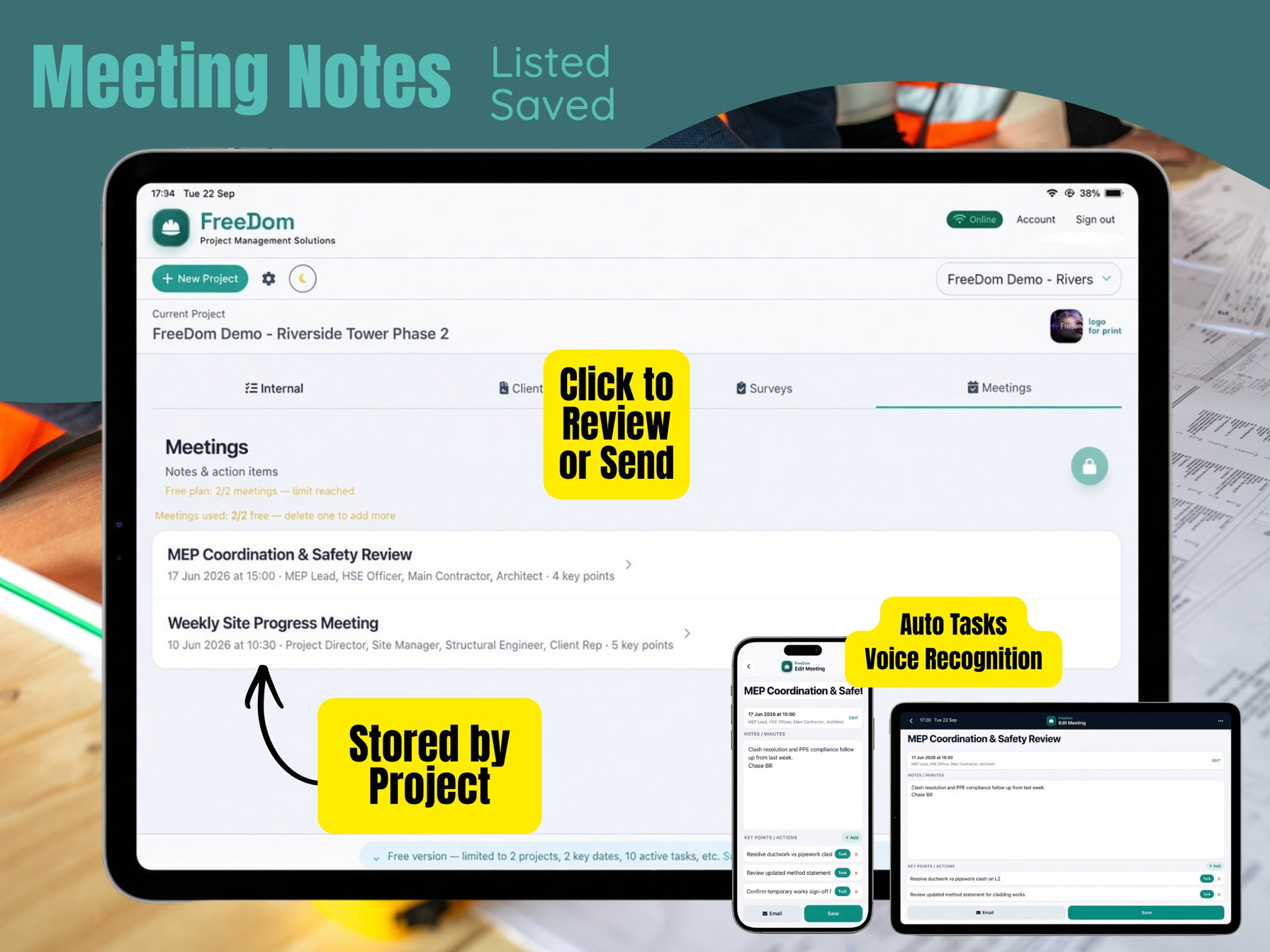 iPad meeting list stored on the project, with a phone and smaller iPad of the same notes.