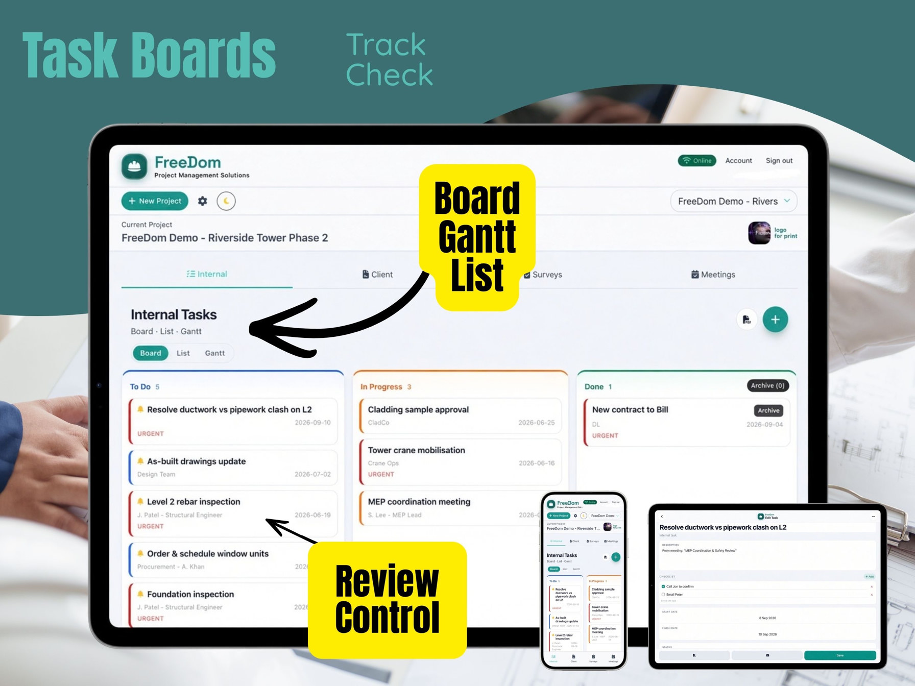 iPad task board with Board, List and Gantt, and a phone and smaller iPad of the same tasks.