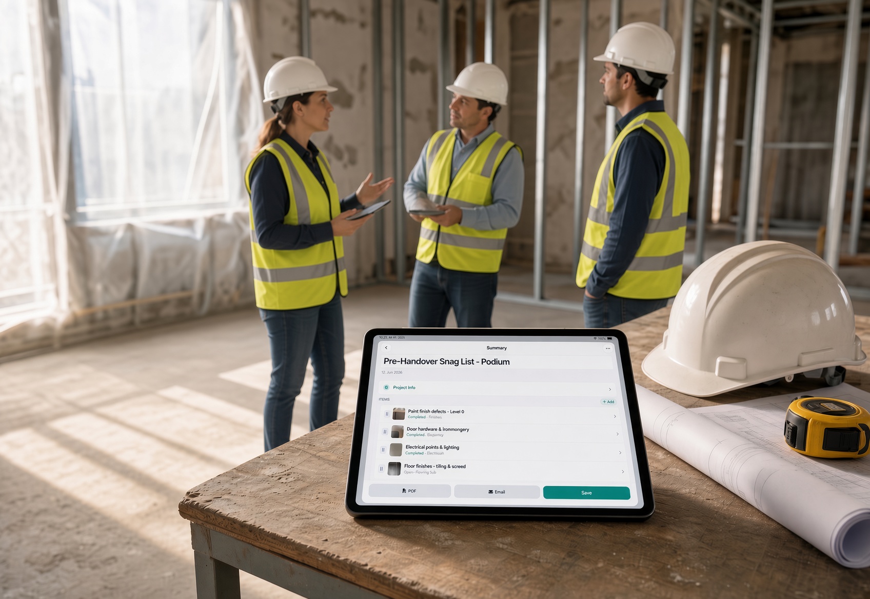 Site team with FreeDom survey summary on tablet — snags, status, and actions on a live job