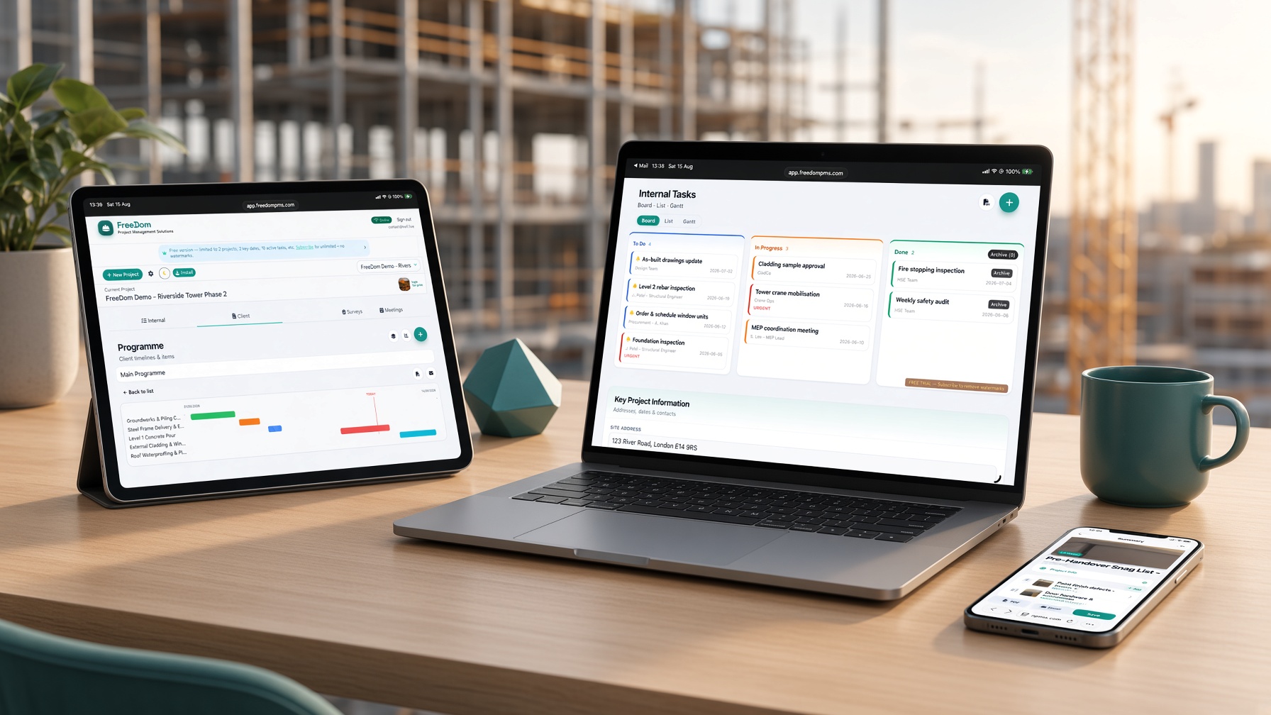 FreeDom on tablet, laptop and phone — same construction project across devices